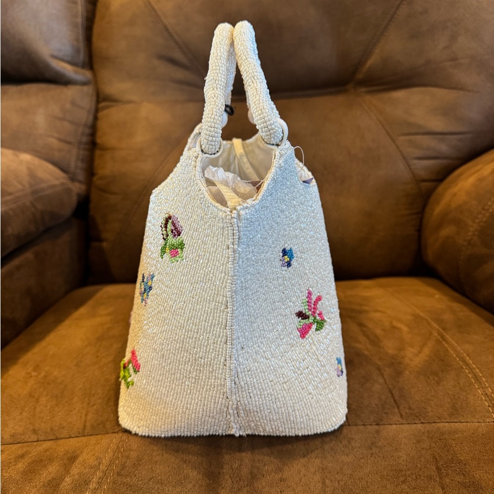 STAUD White Beaded Tote with Colorful Floral Designs - Picture 2 of 5